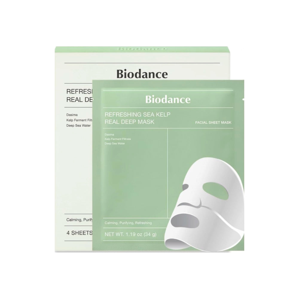 Mascarilla coreana Biodance Refreshing Sea Kelp con algas marinas para desintoxicar poros y refrescar el rostro.